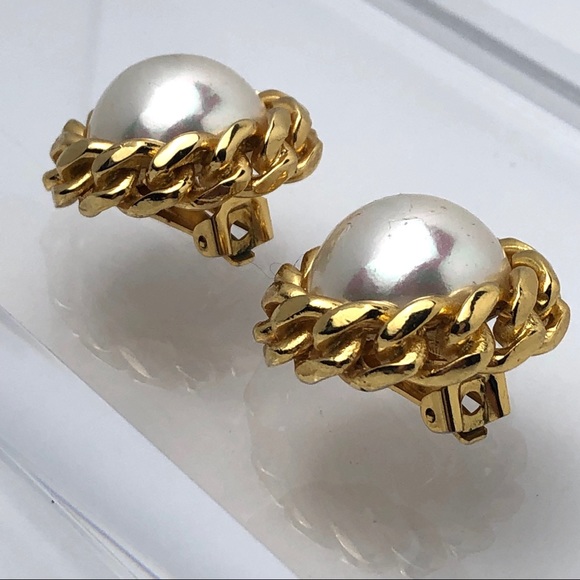 VTG CHRISTIAN DIOR FAUX PEARL CHAIN LINK EARRINGS - Picture 11 of 12